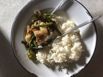 High angle view of food in plate on table