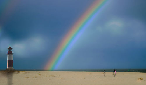 Scenic view of rainbow over sea against sky