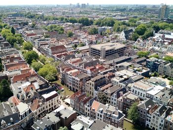 High angle view of street amidst buildings in city