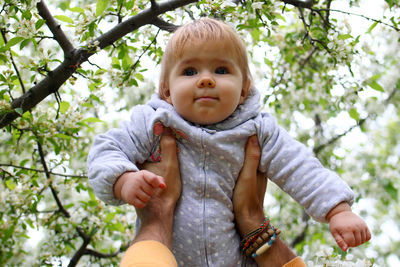 Happy cute little baby girl in father's hands on background of blooming garden with apple trees.