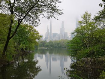 Scenic view of lake by trees against sky