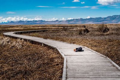 Full length of boy on boardwalk amidst field against sky