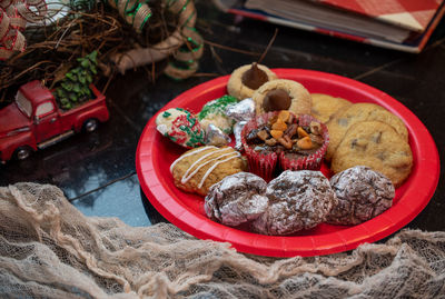 High angle view of stuffed toy on table