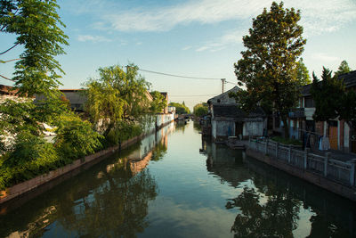 Canal amidst trees and buildings against sky