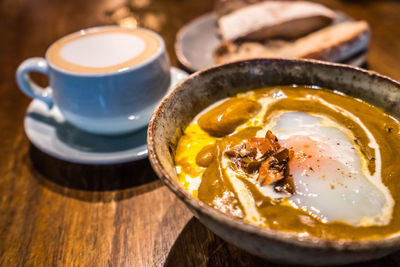 High angle view of breakfast served on table