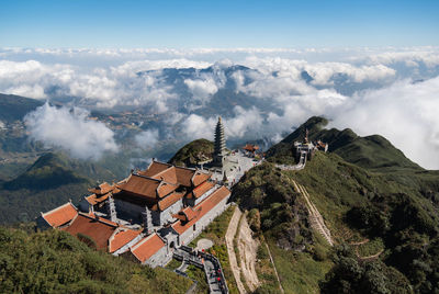 High angle view of buildings against sky