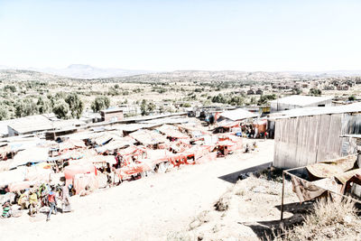 High angle view of houses against clear sky