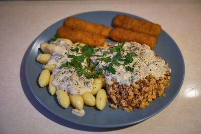 High angle view of food in plate