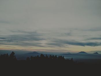 Silhouette trees on landscape against sky at sunset