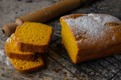Close-up of cake on cutting board