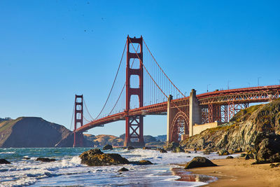 View of suspension bridge against clear blue sky