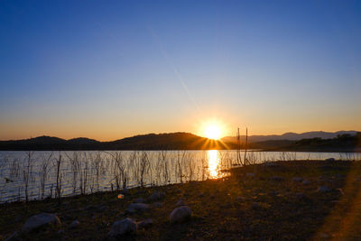 Scenic view of lake against sky during sunset