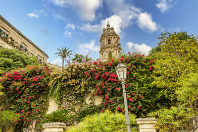 The staircase with many plants and colorful flowers leads to the cathedral of s. giorgio di modica