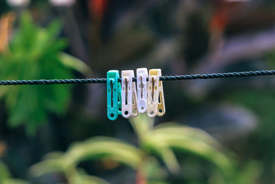 Clothespins lined up on the clothesline after use