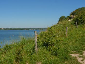 Scenic view of landscape against clear blue sky