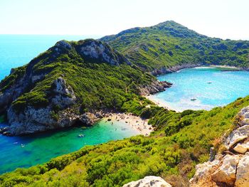 High angle view of bay against sky