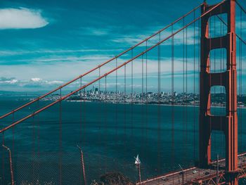 View of suspension bridge against cloudy sky