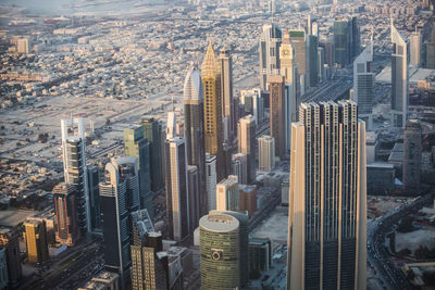 High angle view of modern buildings in city