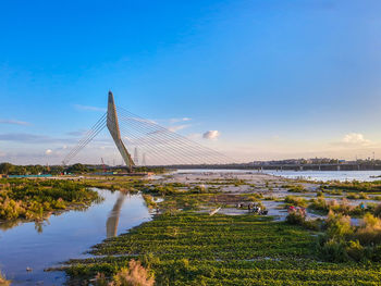 Scenic view of lake against blue sky