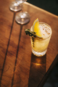 High angle view of drink on table