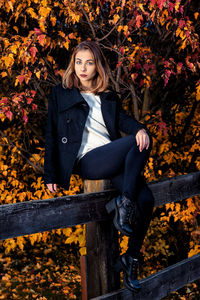 Portrait of young woman sitting on fence in park during autumn