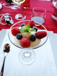 High angle view of strawberries on table