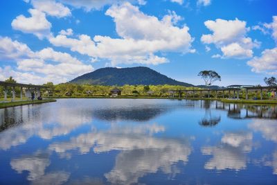 Reflection of mountain in lake against sky