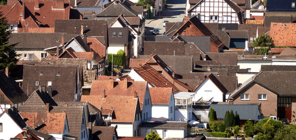 Aerial view from the roofs of the closely standing houses of a german village