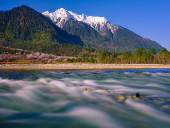 Scenic view of lake by mountains against sky