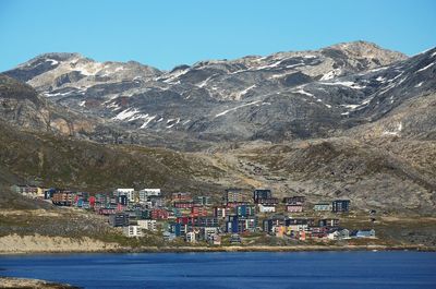 View of buildings against mountain range