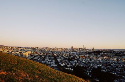 High angle view of cityscape during sunset