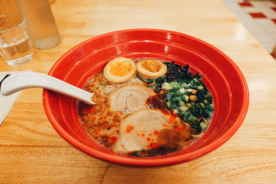 High angle view of soup in bowl on table
