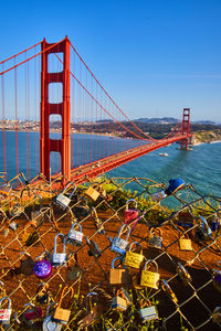 View of suspension bridge over sea