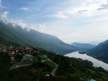 High angle view of river and mountains