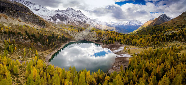 Panoramic view of lake and mountains against sky