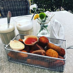 High angle view of breakfast on table