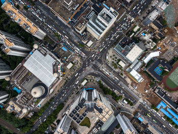 High angle view of modern buildings in city