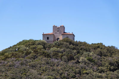 Low angle view of building against clear blue sky