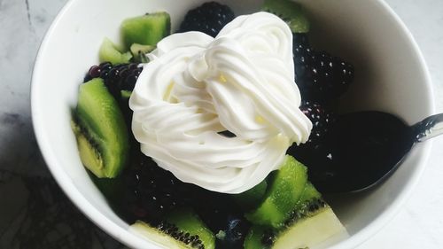 High angle view of fruits in bowl on table