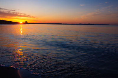 Scenic view of sea against romantic sky at sunset