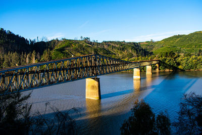 Bridge over calm blue sea against sky