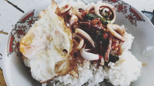 High angle view of food in plate on table