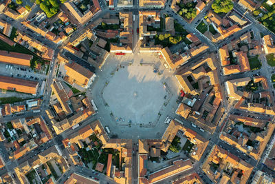 High angle view of city street and buildings