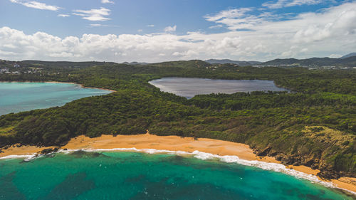 Arial view of play colora and laguna aquas prietas in fajardo puerto rico