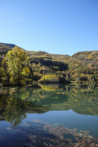 Scenic view of lake against clear blue sky