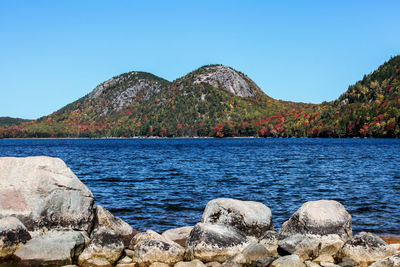 Scenic view of lake against clear blue sky