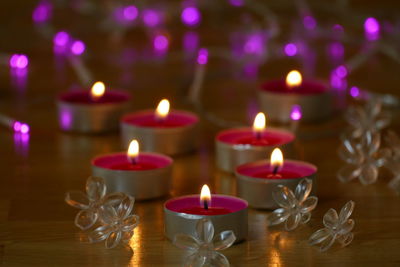 Close-up of lit candles on table