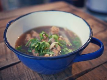 High angle view of soup in bowl on table