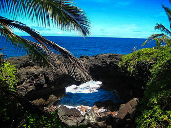 Scenic view of sea against blue sky