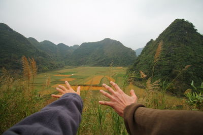 Cropped hands of people reaching plants against mountains and sky